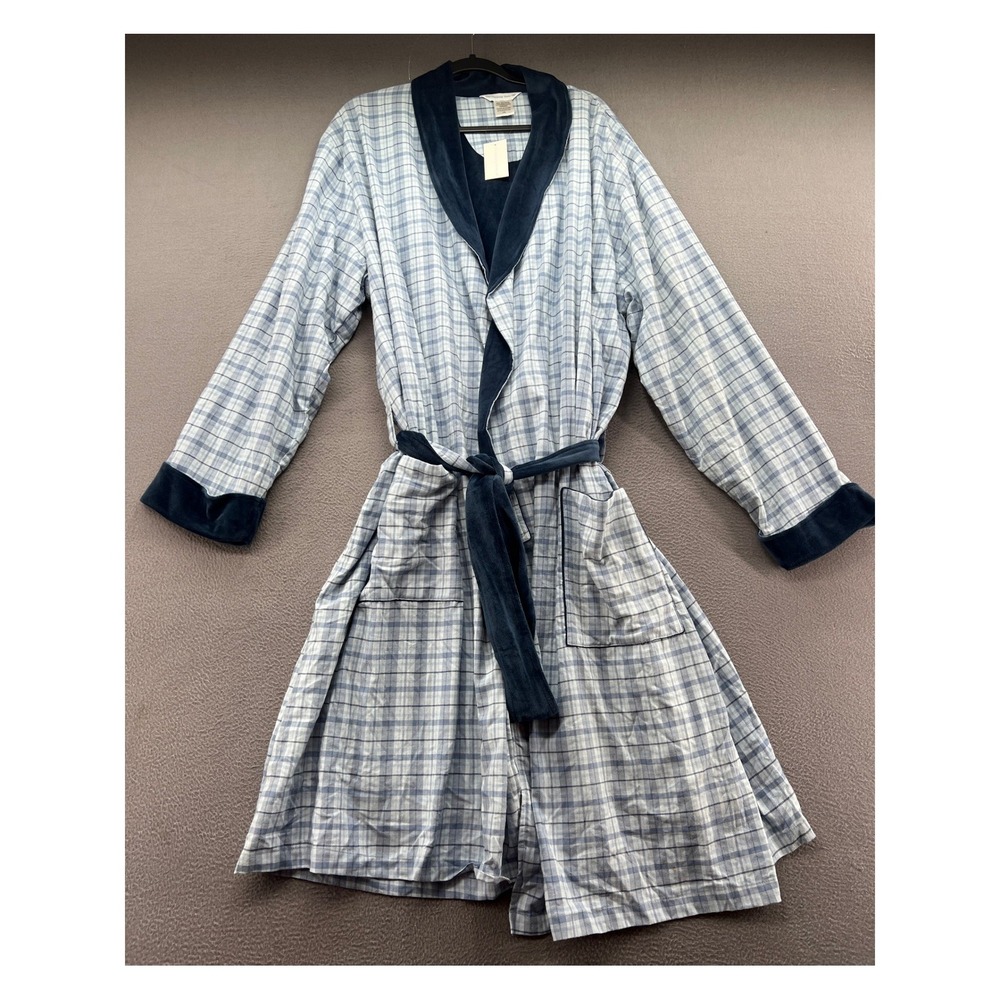 The Company Store Plaid Robe Blue White Cotton Plush Lined Shawl Collar L/XL NEW